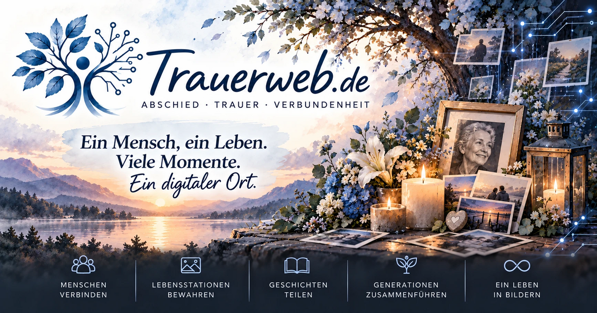 Trauerweb.de – Abschied · Trauer · Verbundenheit. Ein Mensch, ein Leben. Viele Momente. Ein digitaler Ort. Aquarell mit Porträt im Bilderrahmen, Kerzen, Laterne und Blüten unter einem Baum am See.